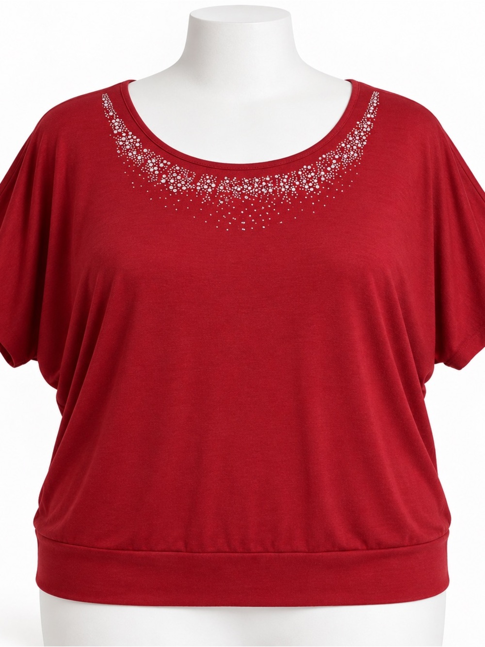 Espresso 2X Red Rhinestone Embellished Dolman Sleeve Banded Top
